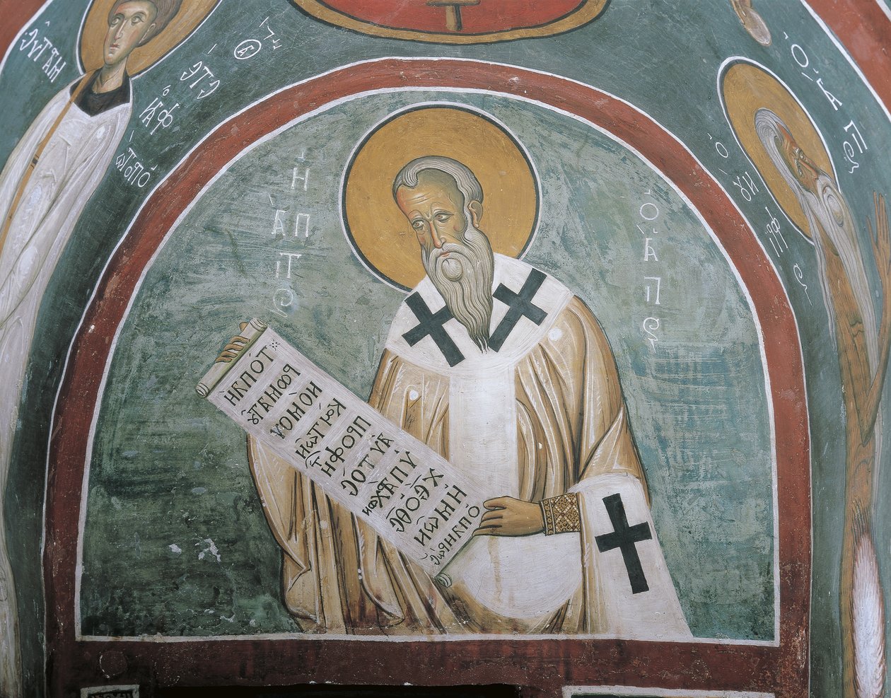 Pinturas de um santo segurando uma carta, Santo Inácio de Antioquia, Panagia Too Araka, Lagoudera, Chipre de Byzantine