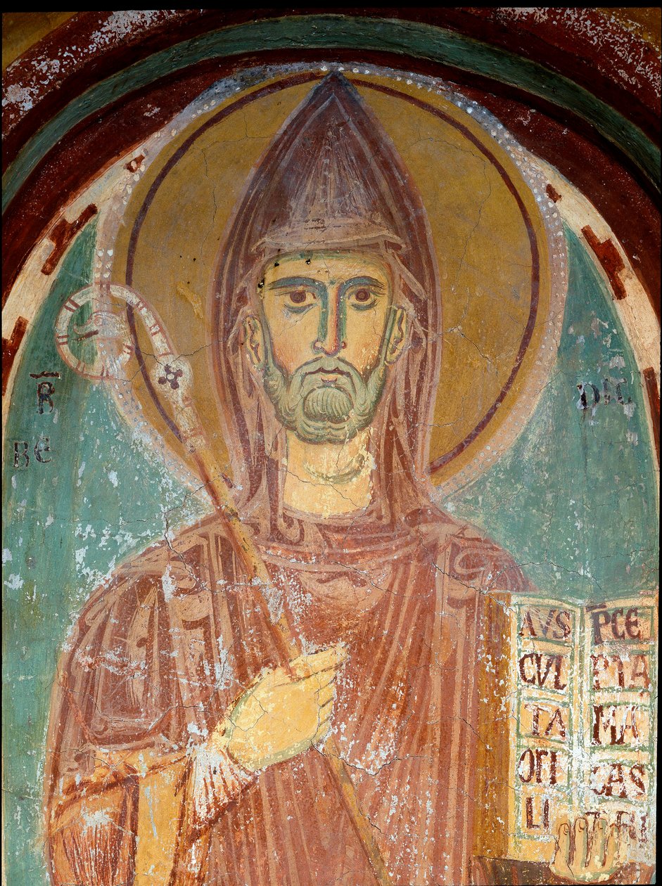 Representação de São Bento de Nursie (século VI) Pormenor de um fresco da escola bizantina. O início do século XIII. Mosteiro de Saint Benoit (Sacro Speco), Capela de Saint Gregoire a Subiaco (Roma), Itália. de Byzantine