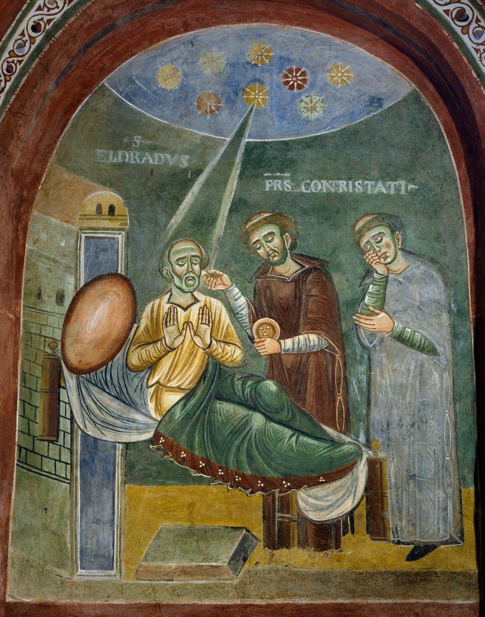 São Eldrad morrendo ao receber a Eucaristia, detalhe das Histórias de São Eldrad, fresco românico, estilo bizantino, finais do século XI, Capela de São Eldrad e São Nicolau, Abadia de Novalesa, Piemonte, Itália. de Byzantine