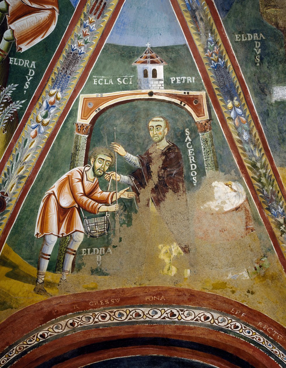 São Eldrad partindo para Santiago de Compostela, Detalhe de Histórias de São Eldrad, Afresco românico, estilo bizantino, finais do século XI, Capela de São Eldrad e São Nicolau, Abadia de Novalesa, Piemonte, Itália de Byzantine