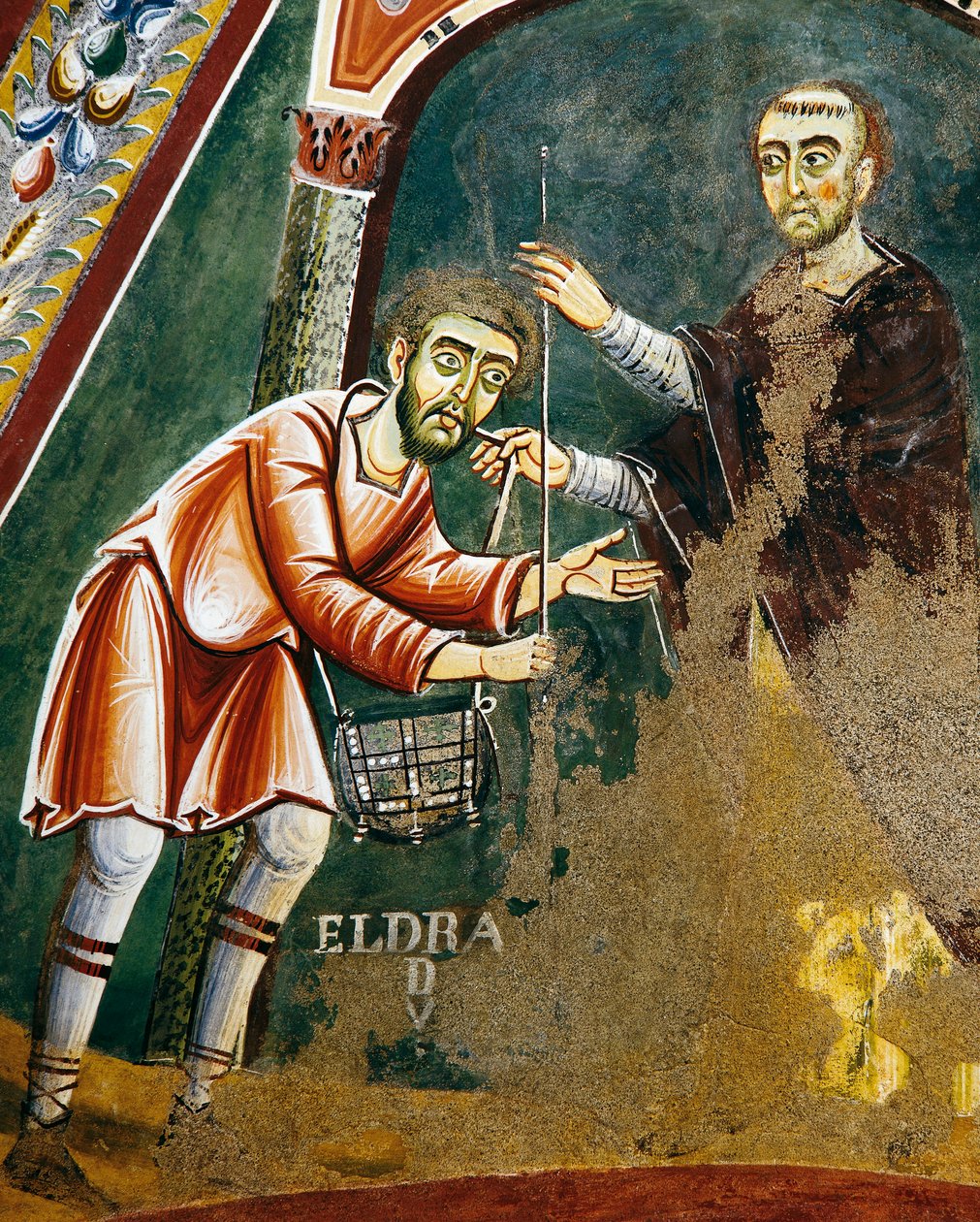 Santo Eldrad parte para Santiago de Compostela, detalhe das Histórias de vida de Santo Eldrad, fresco românico, estilo bizantino, finais do século XI, Capela de Santo Eldrad e São Nicolau, Abadia de Novalesa, Piemonte, Itália. de Byzantine