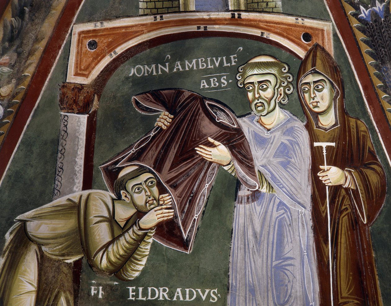 Santo Eldrad regressa de Santiago de Compostela e recebe o hábito religioso do abade de Novalesa, Histórias de vida de Santo Eldrad, fresco românico, estilo bizantino, Capela de Santo Eldrad e São Nicolau, Abadia de Novalesa, Piemonte, Itália. de Byzantine