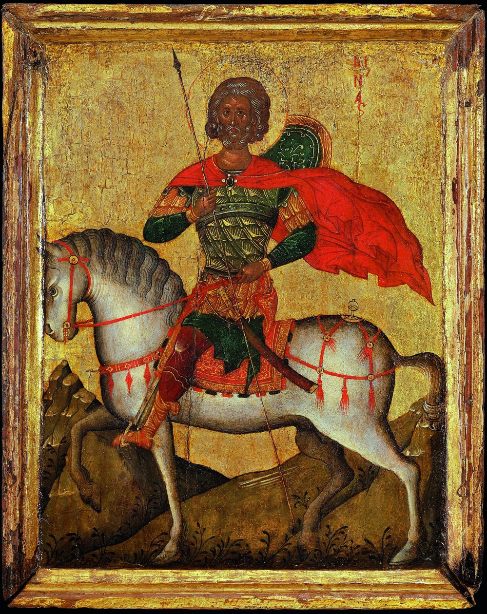 São Menas (Minas, Mina, Mena, Mennas, 285-309) a cavalo - ícone bizantino. Tempera em painel, meados do século XV. Dimensão : 27,3x22 cm Museu Ikonen Recklinghausen de Byzantine