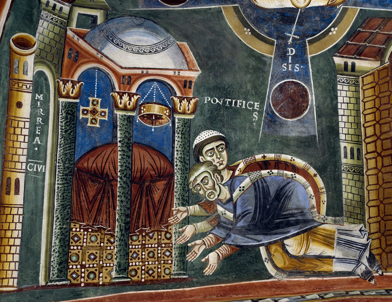 São Nicolau Consagrado bispo de Myra, Detalhe das Histórias de São Nicolau, Afresco românico, estilo bizantino, finais do século XI, Capela de São Eldrado e São Nicolau, Abadia de Novalesa, Piemonte, Itália. de Byzantine