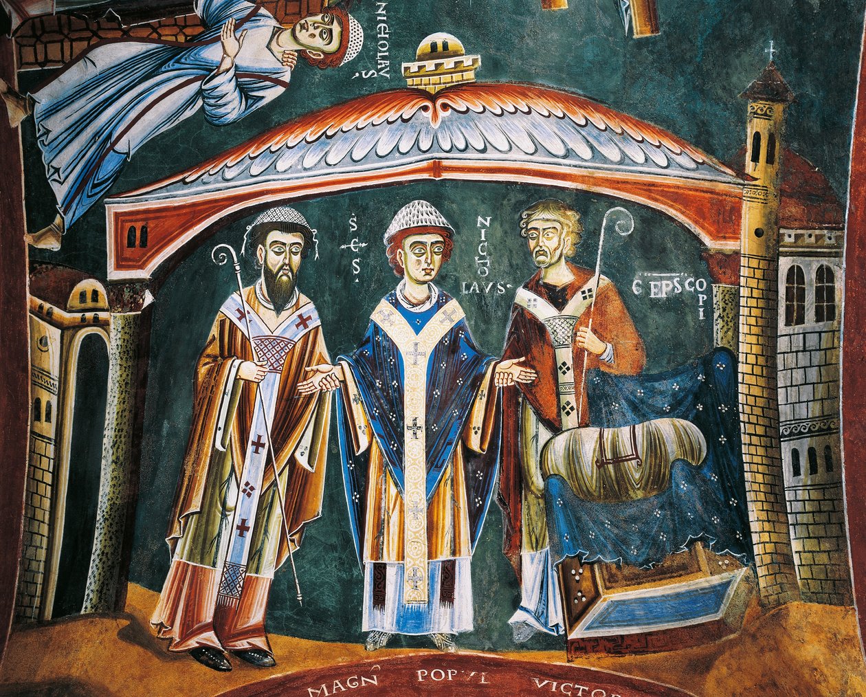 São Nicolau Consagrado bispo de Myra, Detalhe das Histórias de São Nicolau, Afresco românico, estilo bizantino, finais do século XI, Capela de São Eldrado e São Nicolau, Abadia de Novalesa, Piemonte, Itália. de Byzantine