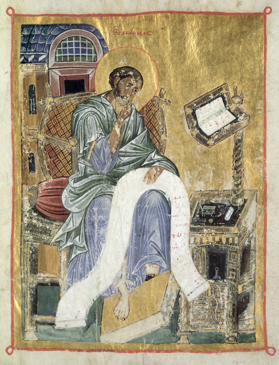 São Marcos a escrever o seu Evangelho (folha de um Saltério) (velino) de Byzantine