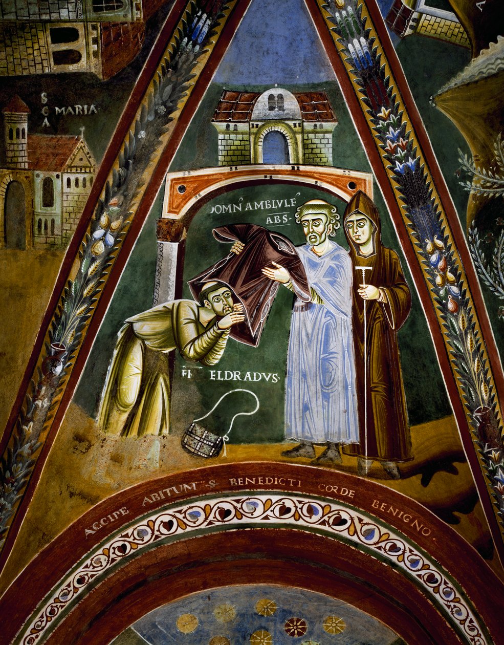São Nicola, histórias de vida de São Eldrad e São Nicolau, São Eldrado voltado para São Tiago de Compostela: recebendo um hábito monástico do Abade da Novalesa, detalhe de Byzantine
