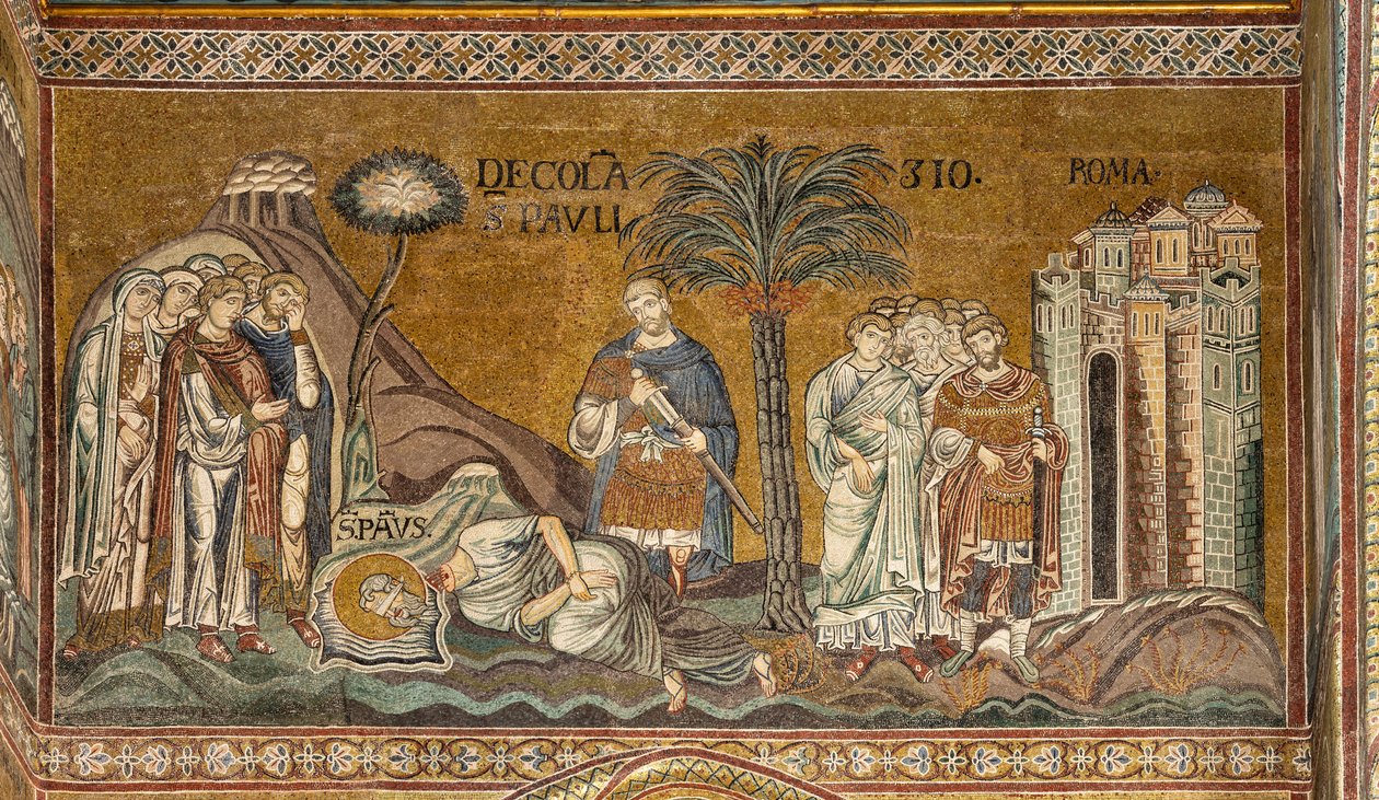 Decapitação de S. Paulo em Roma, mosaico bizantino, séculos XII-XIII no transepto Norte (mosaico) de Byzantine
