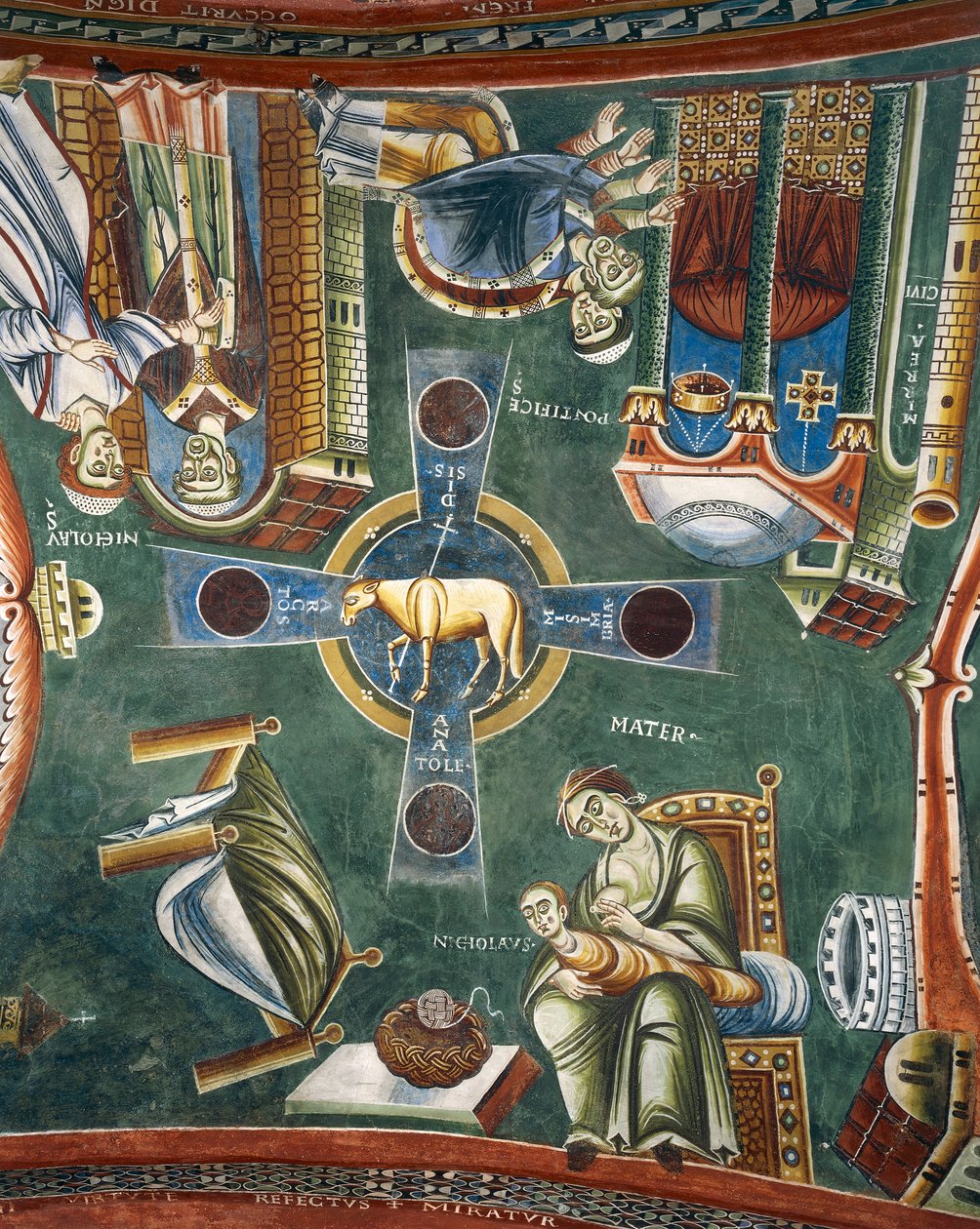 Histórias da vida de São Nicolau, Detalhe dos afrescos românicos em estilo bizantino, finais do século XI, Capela de São Eldrado e São Nicolau, Abadia de Novalesa, Piemonte, Itália de Byzantine