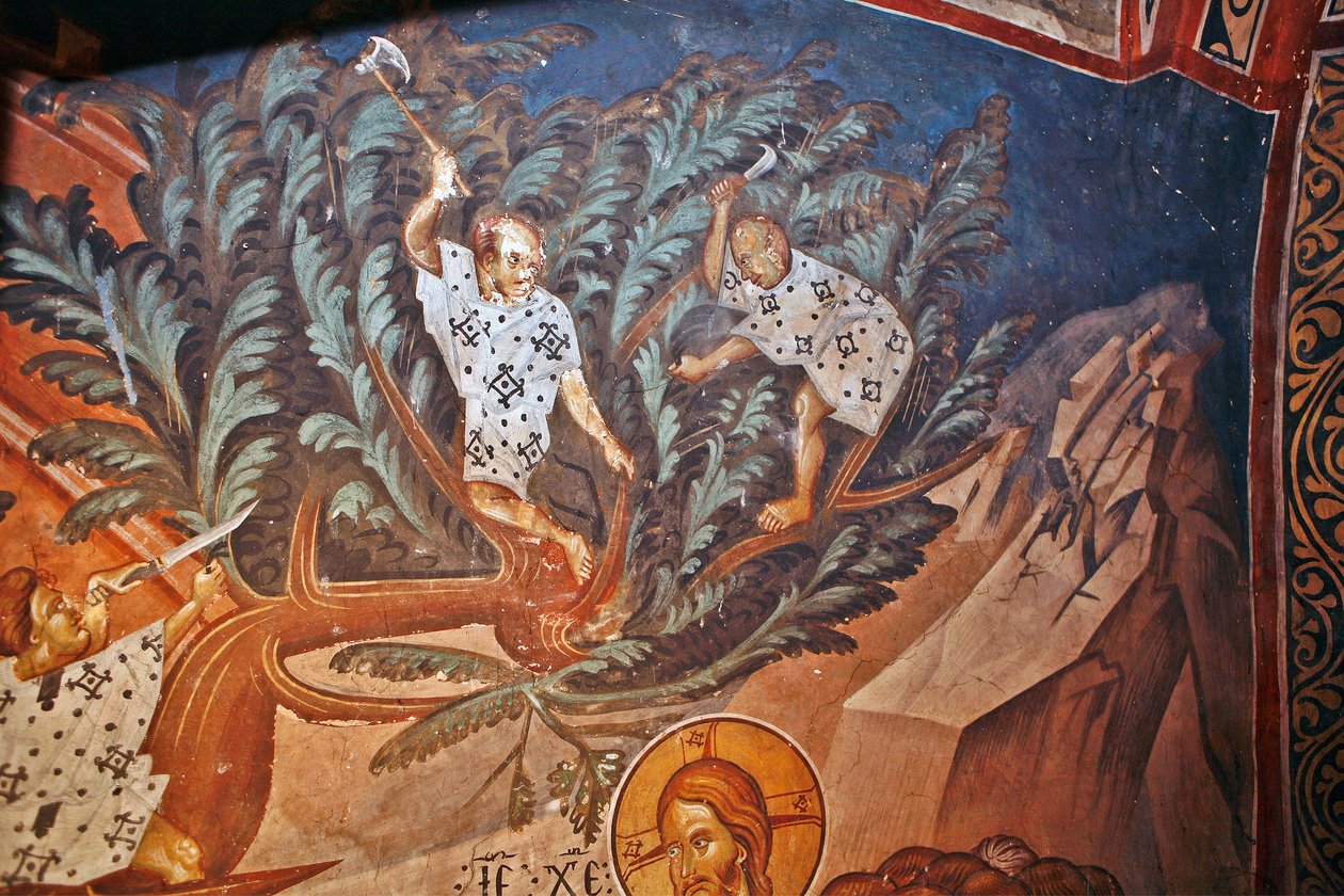 A Entrada de Cristo em Jerusalém. Detalhe: Crianças a cortar ramos de palmeira - Peinture de Damiane (século XIV activo) - Século XIV - Fresco - Mosteiro de São Jorge, Ubisi ©FineArtImages/Leemage de Byzantine