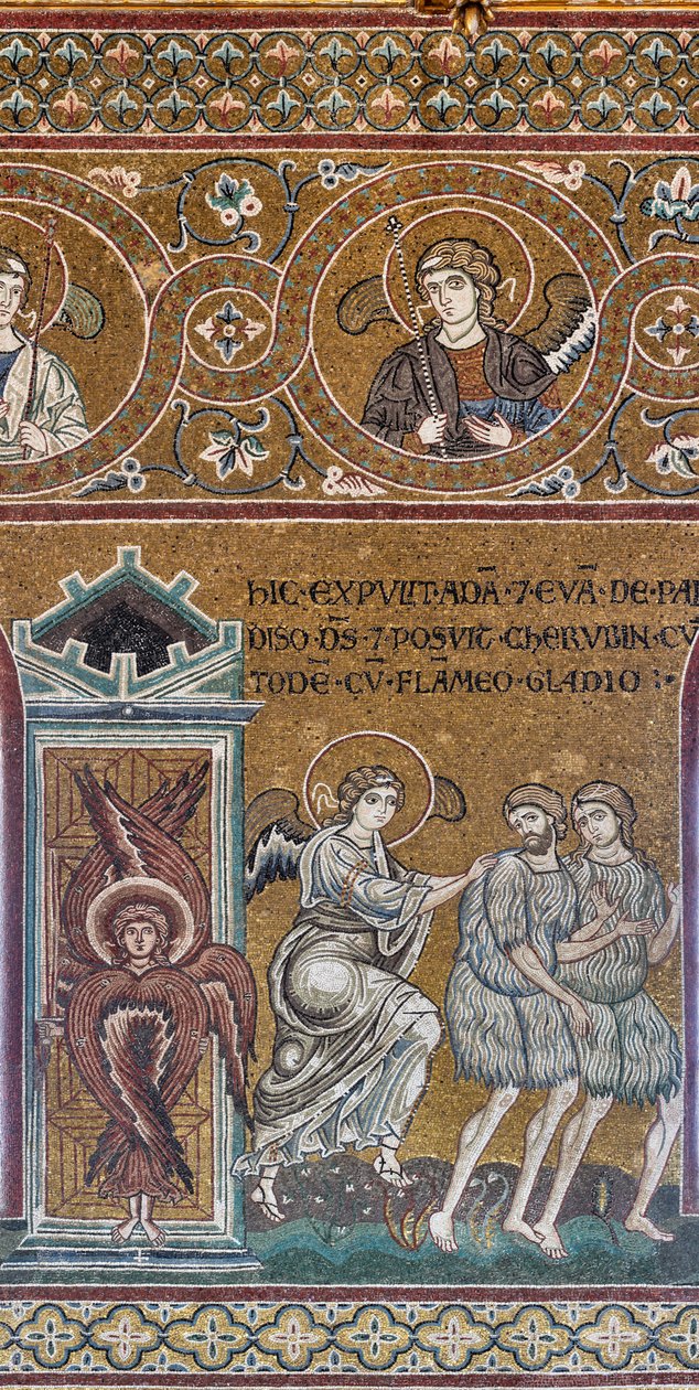 A expulsão do Paraíso Terrestre, mosaico bizantino, Antigo Testamento Ciclo-Paraíso Terrestre, século XII-XIII (mosaico) de Byzantine