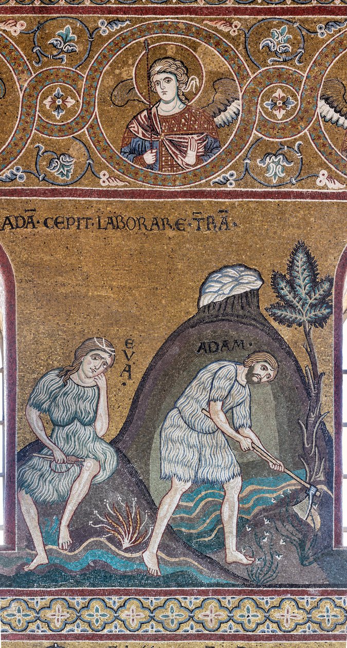O trabalho e o trabalho de Adão e Eva, mosaico bizantino, Ciclo do Antigo Testamento - Paraíso Terrestre, séc. XII-XIII (mosaico) de Byzantine