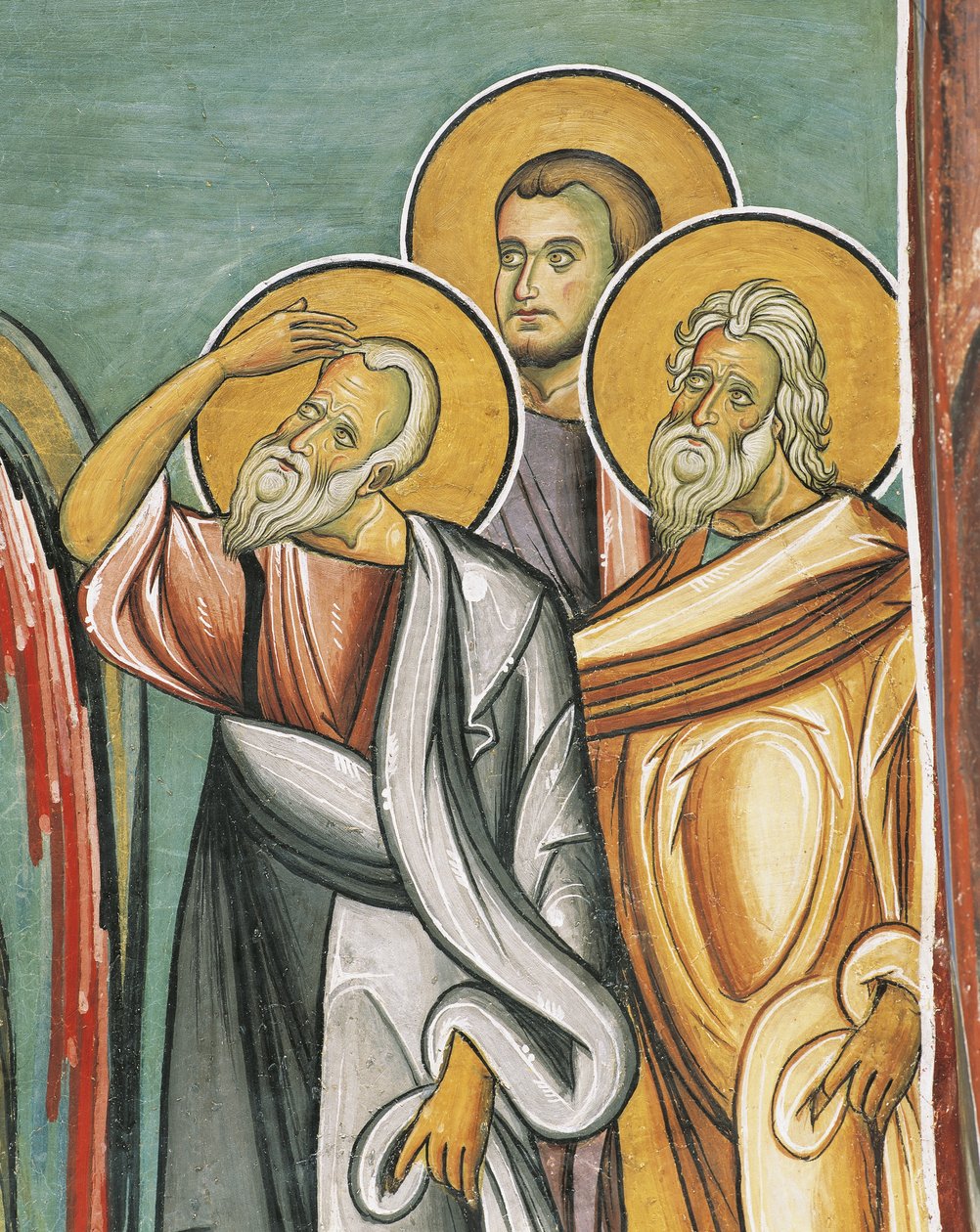 Três pessoas em uma igreja, Panagia também Araka, Bizantine, Montanhas Troodos, Chipre de Byzantine