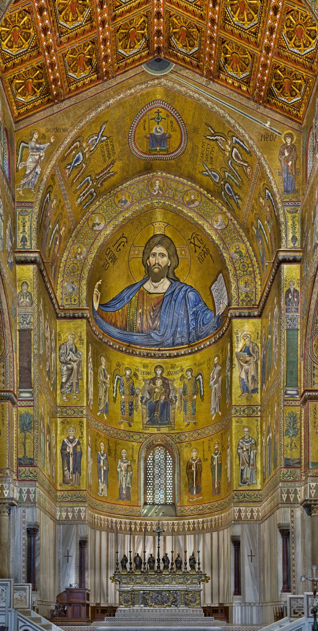 Vista da abside com os mosaicos bizantinos executados entre o século XII e meados do século XIII por trabalhadores parcialmente locais e parcialmente venezianos, incluindo o famoso Cristo Pantocrator (mosaico) de Byzantine