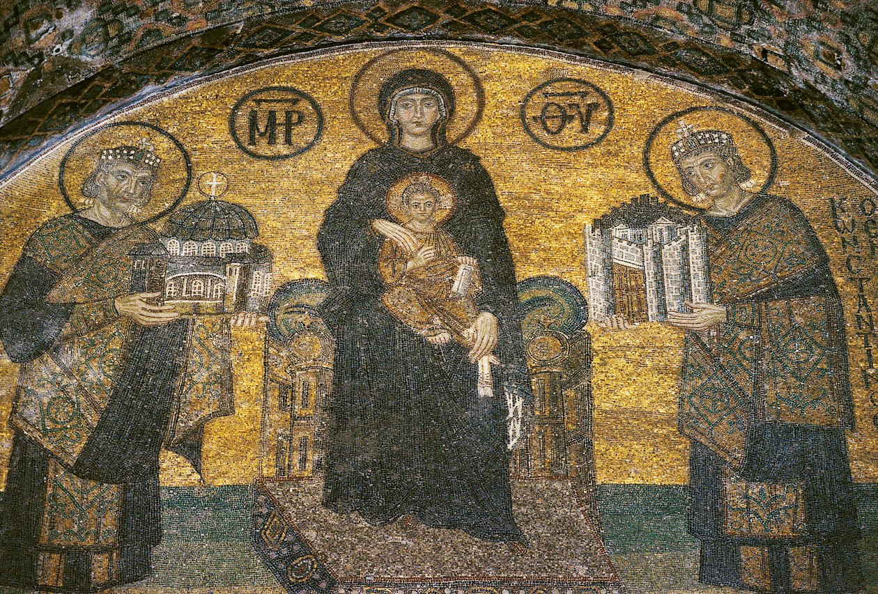 Virgem e Criança entre os Imperadores Justiniano e Constantino no Hagia Sophia (mosaico) de Byzantine