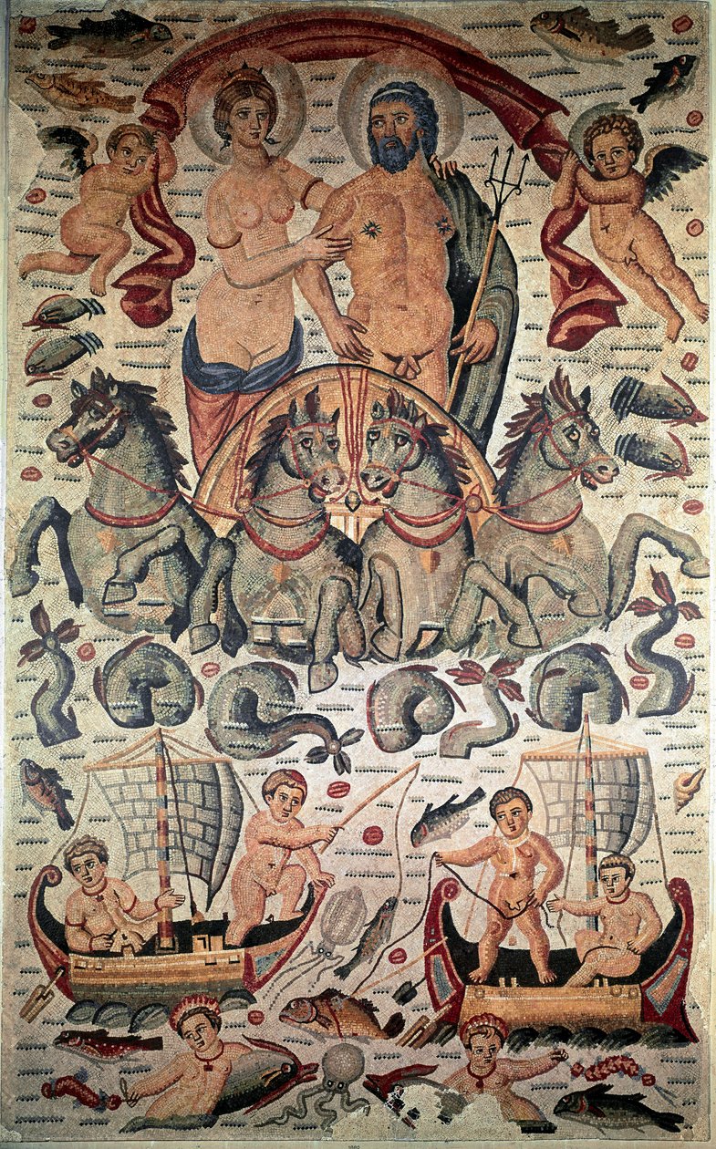Arte Bizantina: Triunfo de Netuno e Anfitrito. Neptuno e Anfitrito nus num tanque disparado por quatro cavalos marinhos. Mosaico do século III. Dim: 3,1x1,96m. Museu do Louvre, Paris. de Byzantine Byzantine