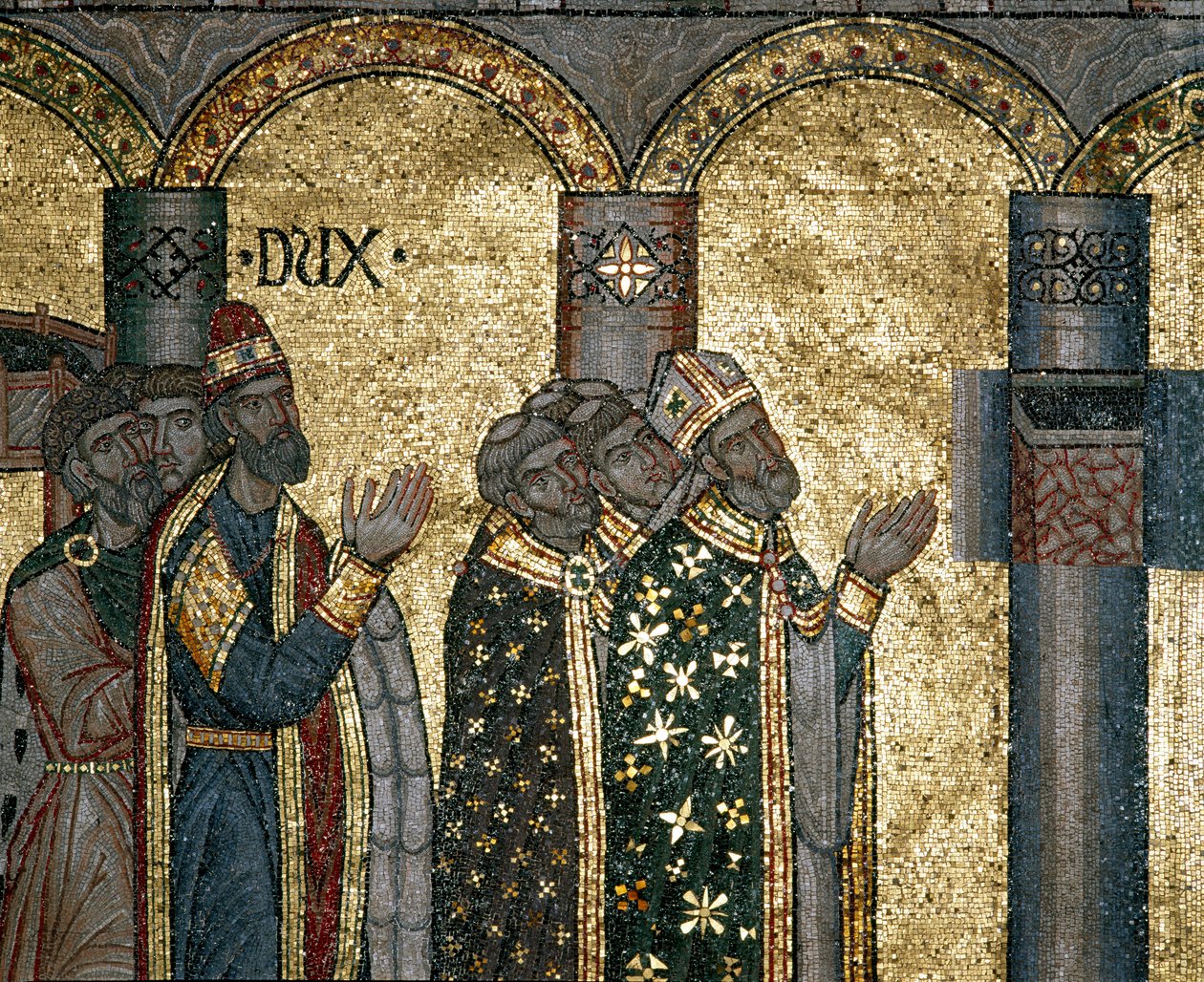 Arquitectura bizantina: descubra a urna de São Marcos. Pormenor do mosaico sobre fundo dourado. Basílica de San Marco (Basílica de San Marco), Veneza de Byzantine Byzantine