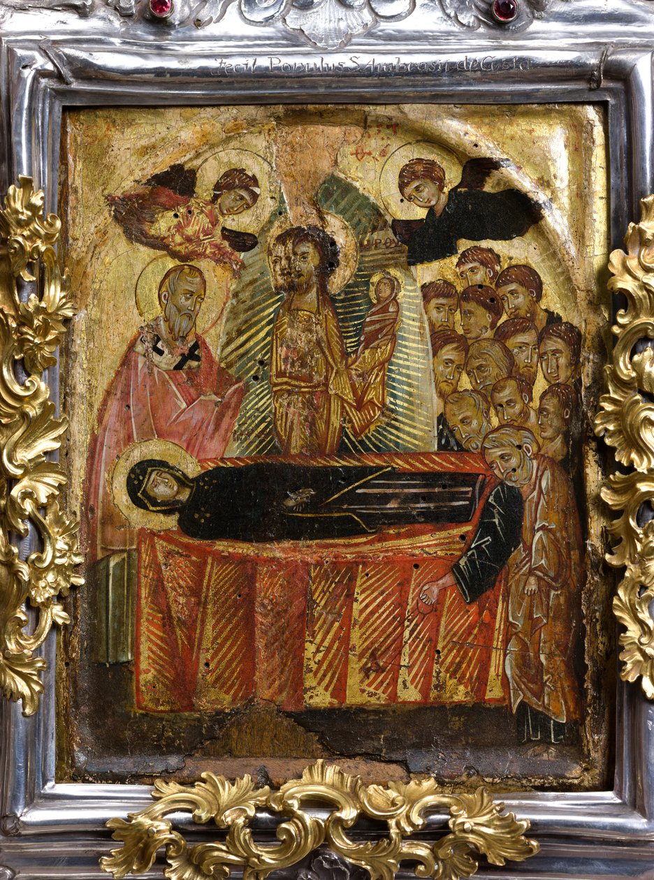 Ícone greco-bizantino da Assunção ou Dormição da Virgem, antes do século XI (pintura sobre madeira de choupo) de Byzantine Byzantine