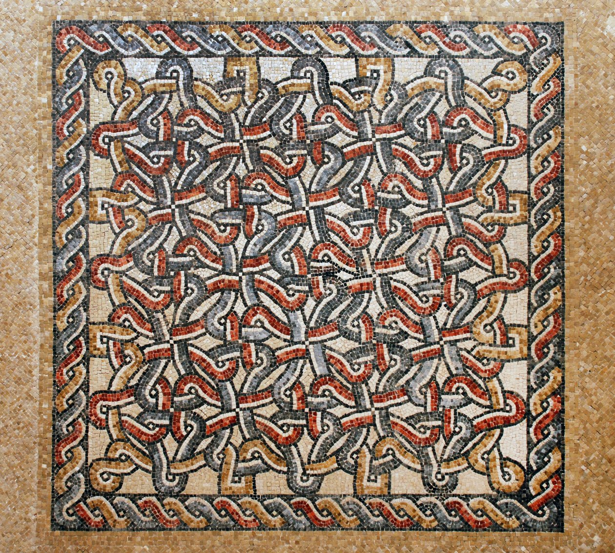 Chão de mosaico da área de bema na igreja bizantina primitiva em Shiloh, Cisjordânia, 380-420 dC (mosaico) de Byzantine Byzantine