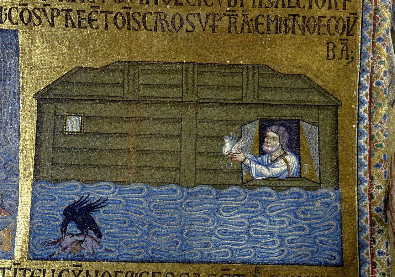 História de Noé: Noé enviando o corvo e a primeira pomba Detalhe dos mosaicos interiores na Basílica de São Marcos, século XI de Byzantine Byzantine