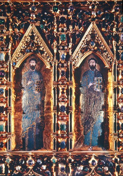 O Pala dOro, detalhe representando dois apóstolos (ouro e esmalte incrustado com pedras preciosas) de Byzantine Byzantine