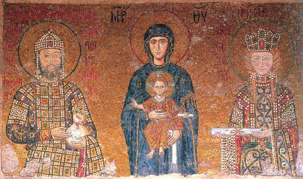 A Virgem com o Menino entre o imperador João II Comneno e sua esposa, Irene, c1118. de Byzantine Master.