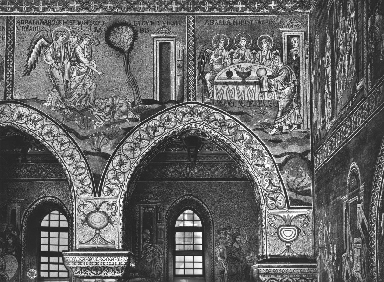 Aparição dos Três Anjos a Abraão e a hospitalidade de Abraão, c.1182 (mosaico) de Byzantine School