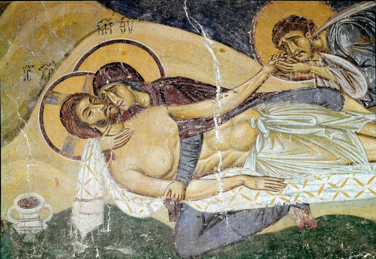 Arte Bizantina: "Lamentação sobre a Morte de Cristo", o fresco do pintor do século XII. Detalhe. Nerezi, San Pantaleimone, Macedoine de Byzantine School