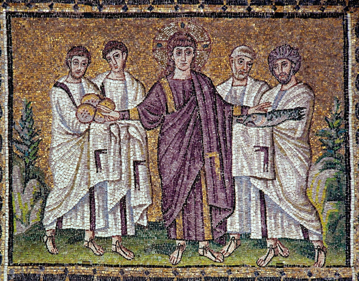 Arte bizantina: Mosaico do século VI "A multiplicação dos pães e dos peixes". Basílica de Santo Apolinário, o Nove, de Ravena (Sant