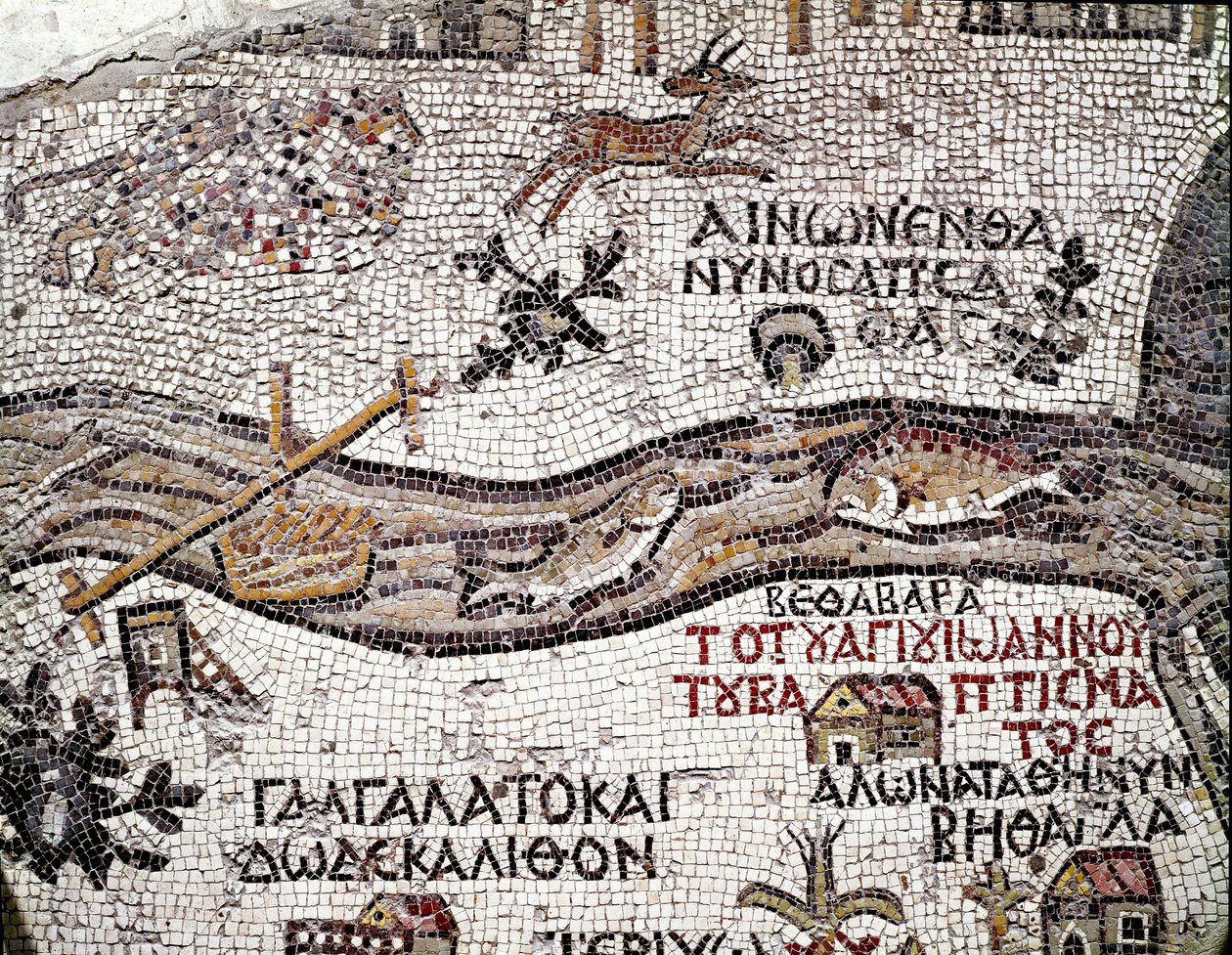 Arte bizantina: o mapa mais antigo da Palestina. Detalhe representando o rio Jordão e sua foz no Mar Morto. Mosaico do século VI. Madaba, Igreja de São Jorge. de Byzantine School