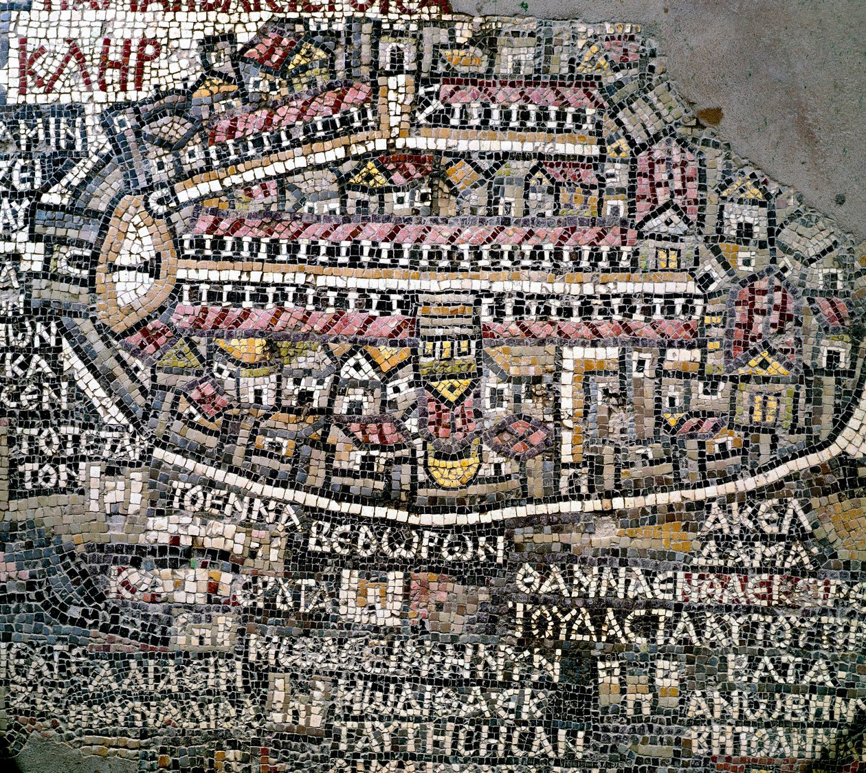 Arte bizantina: o mais antigo mapa da Palestina. Pormenor representando Jerusalém. Mosaico do século VI. Madaba, Igreja de São Jorge de Byzantine School
