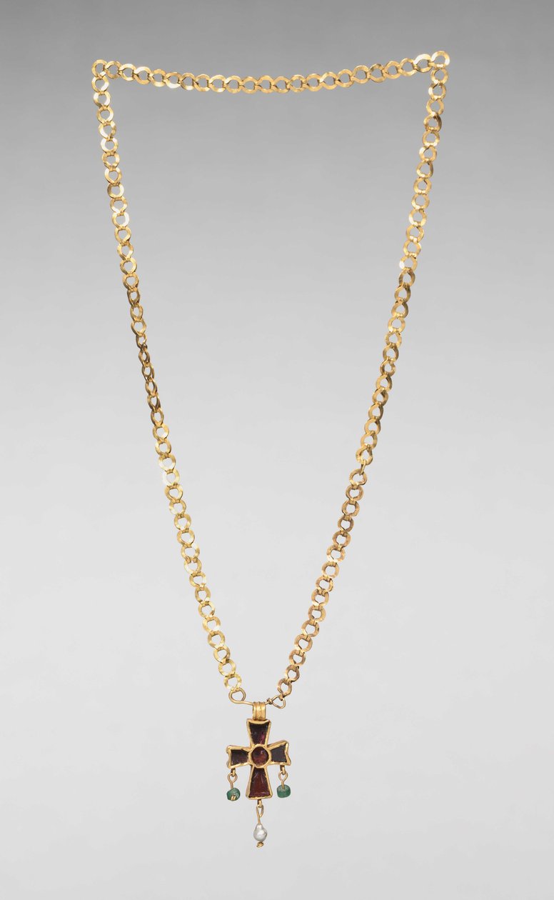 Corrente com Pendant Cross, 500s (ouro, vidro, pérola, granada e safira) de Byzantine School
