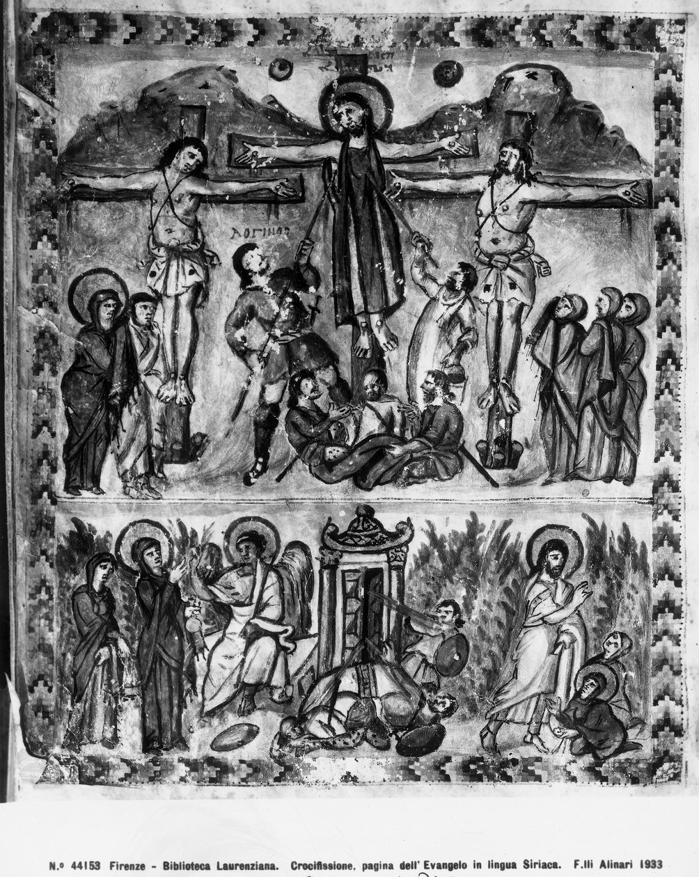 Crucificação e a ressurreição, dos Evangelhos de Rábula, 586 dC de Byzantine School