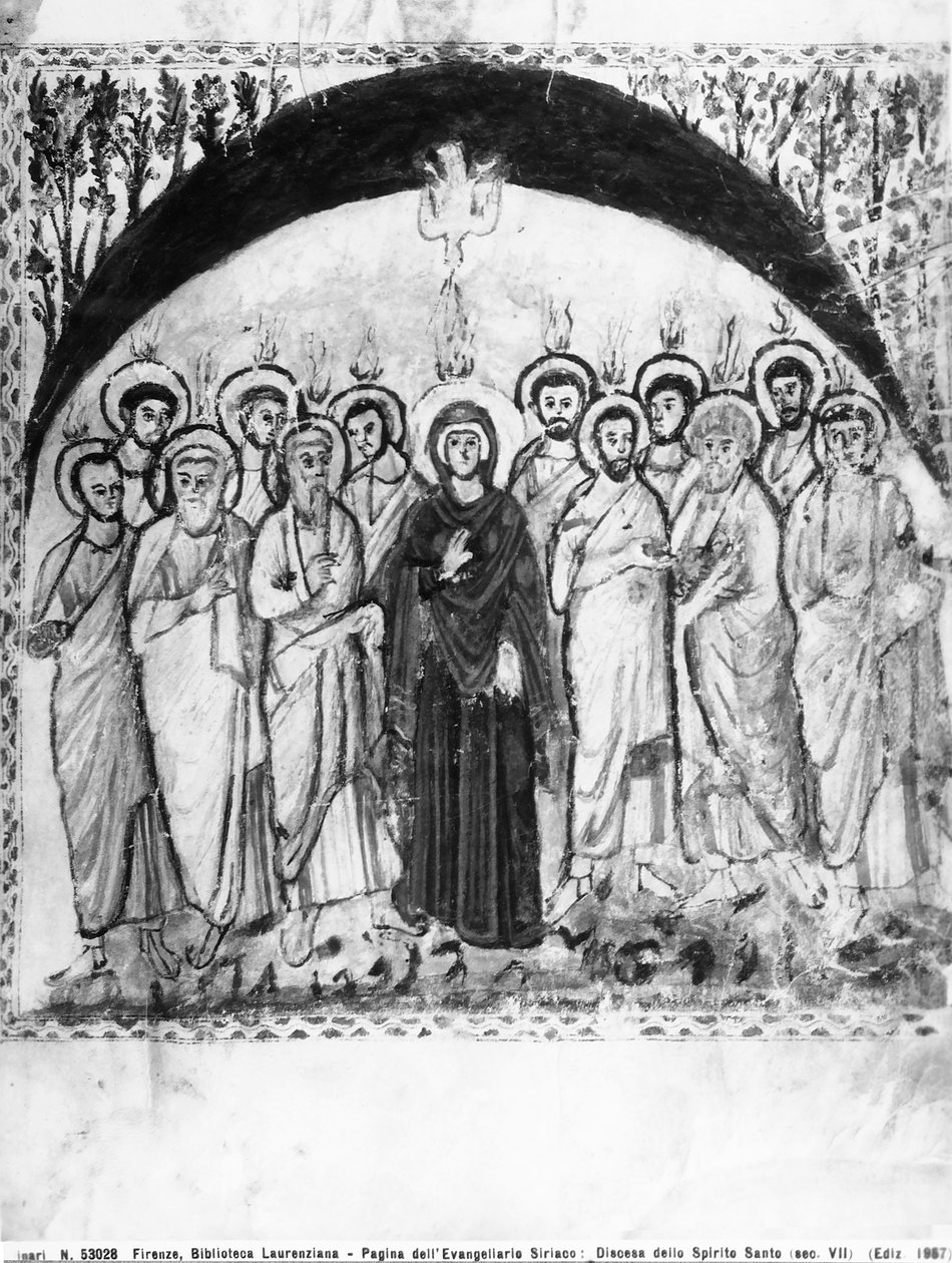 Descida do Espírito Santo, fólio dos Evangelhos de Rabula, 586 d.C. (tempera on vellum) de Byzantine School