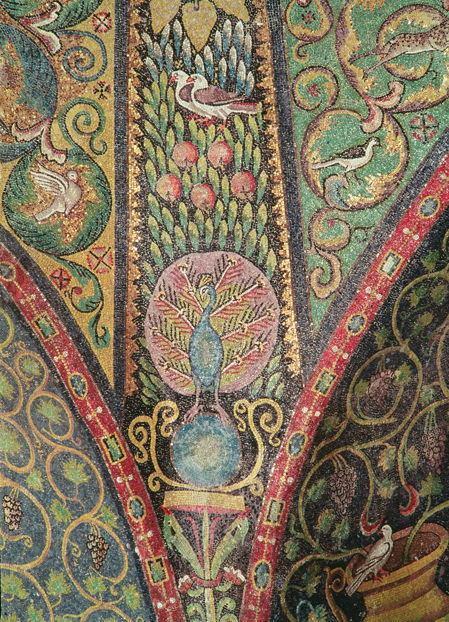 Detalhe da abóbada representando pássaros e um pavão (mosaico) de Byzantine School