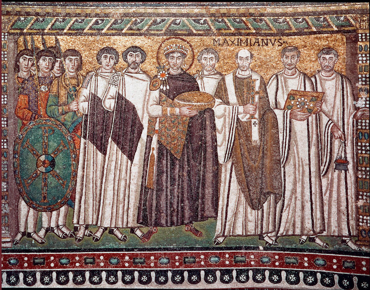 O imperador Justiniano I e a sua comitiva de funcionários, guardas e clérigos, c.547 d.C. (mosaico) de Byzantine School
