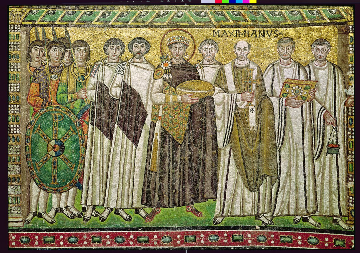 Imperador Justiniano I e seu séquito de funcionários, guardas e clero, c.547 AD (mosaico) de Byzantine School