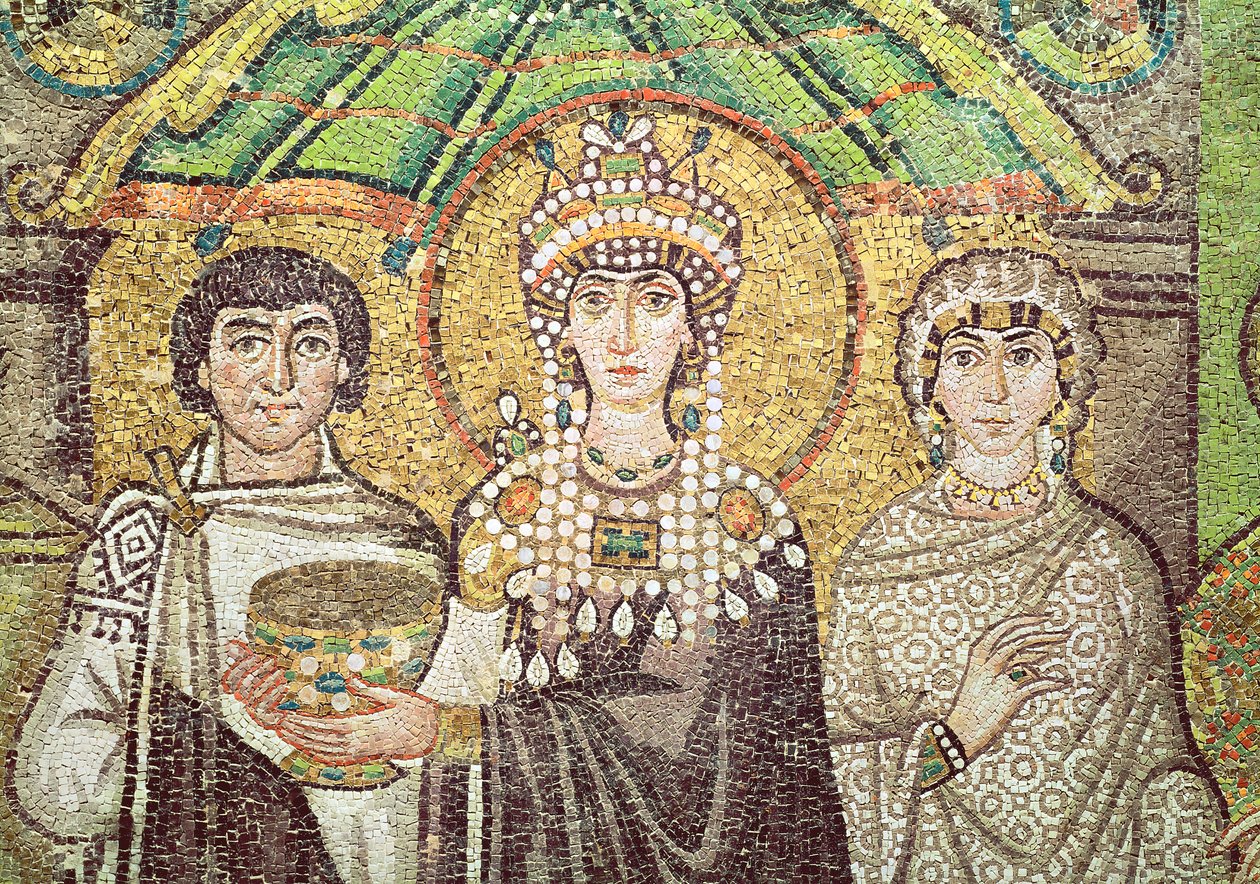 Imperatriz Theodora com sua corte de dois ministros e sete mulheres, c.547 AD (mosaico) (detalhe) de Byzantine School