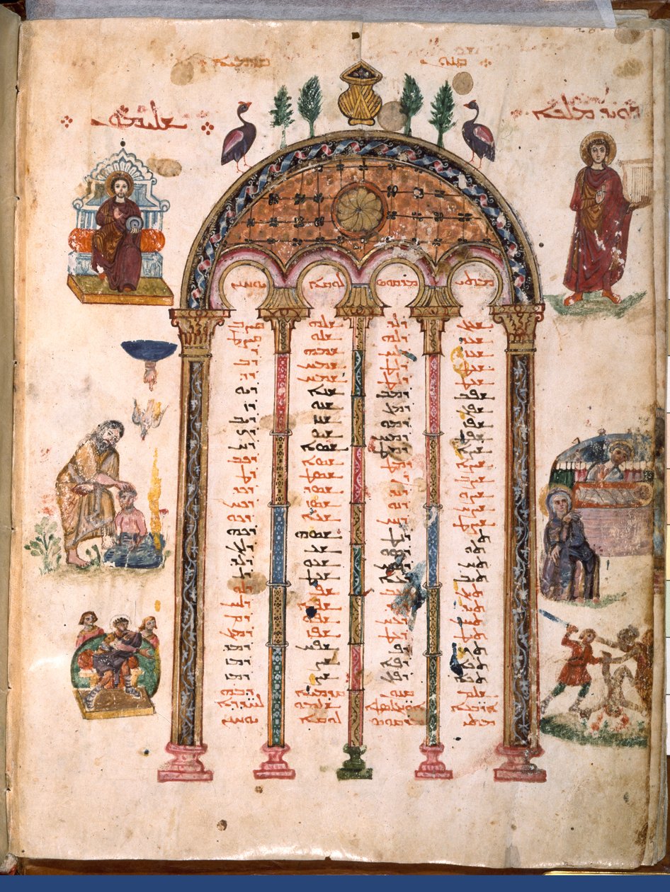 F.4v, tabelas canônicas, dos Evangelhos de Rabula, 586 DC (tempera em pergaminho) de Byzantine School