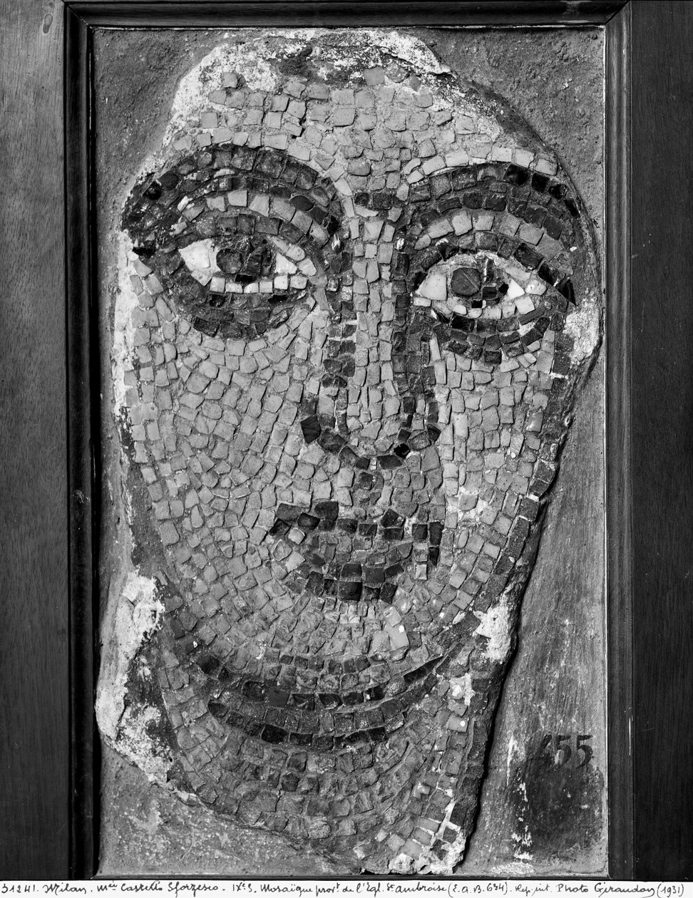 Rosto de uma senhora da Igreja de St-Ambrosius, rosto de uma senhora (mosaico) de Byzantine School