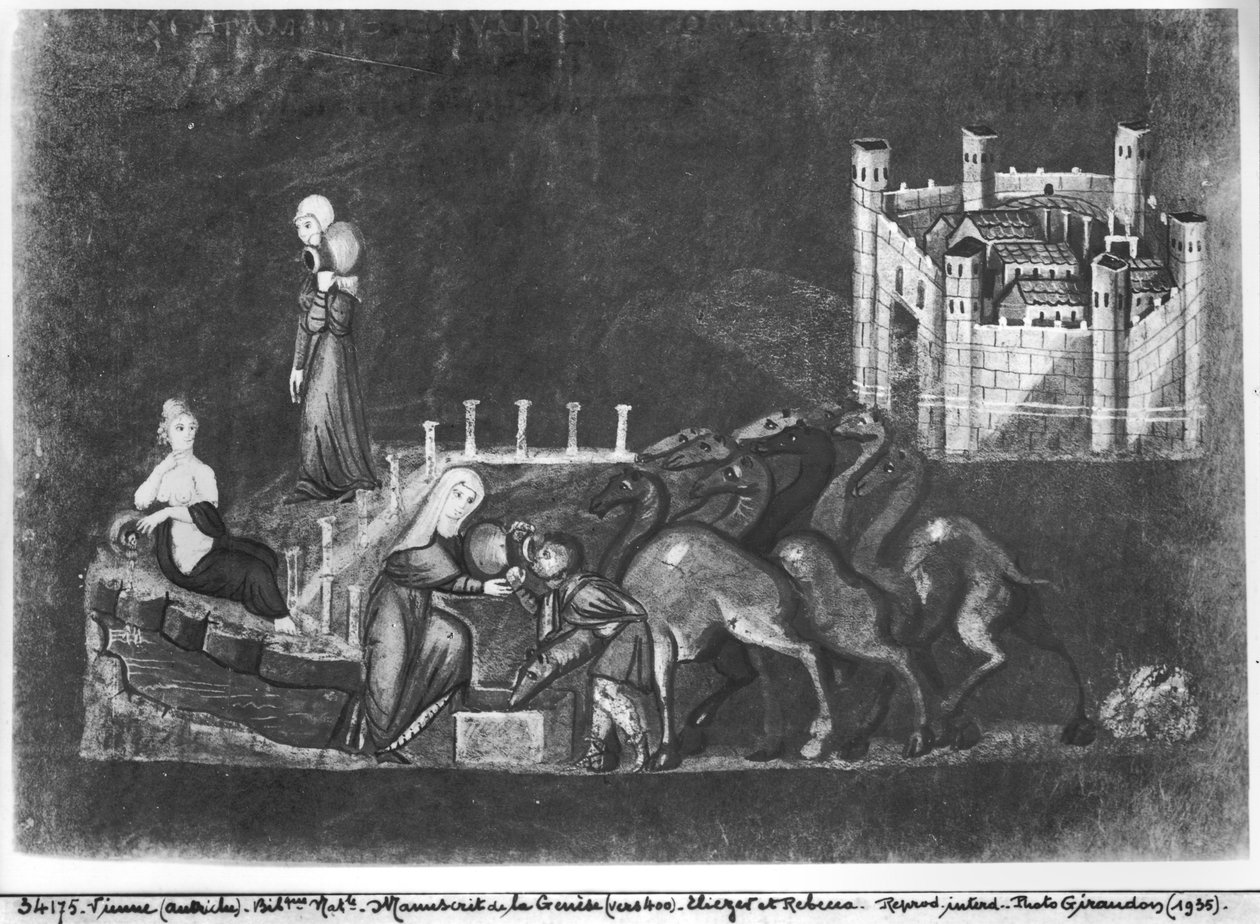 Gr 31 fol.7r Rebecca e Eliezer no poço, da Gênese de Viena de Byzantine School