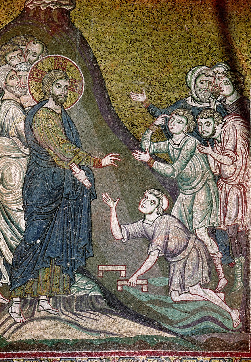 Jesus curando o aleijado e o cego (mosaico) de Byzantine School