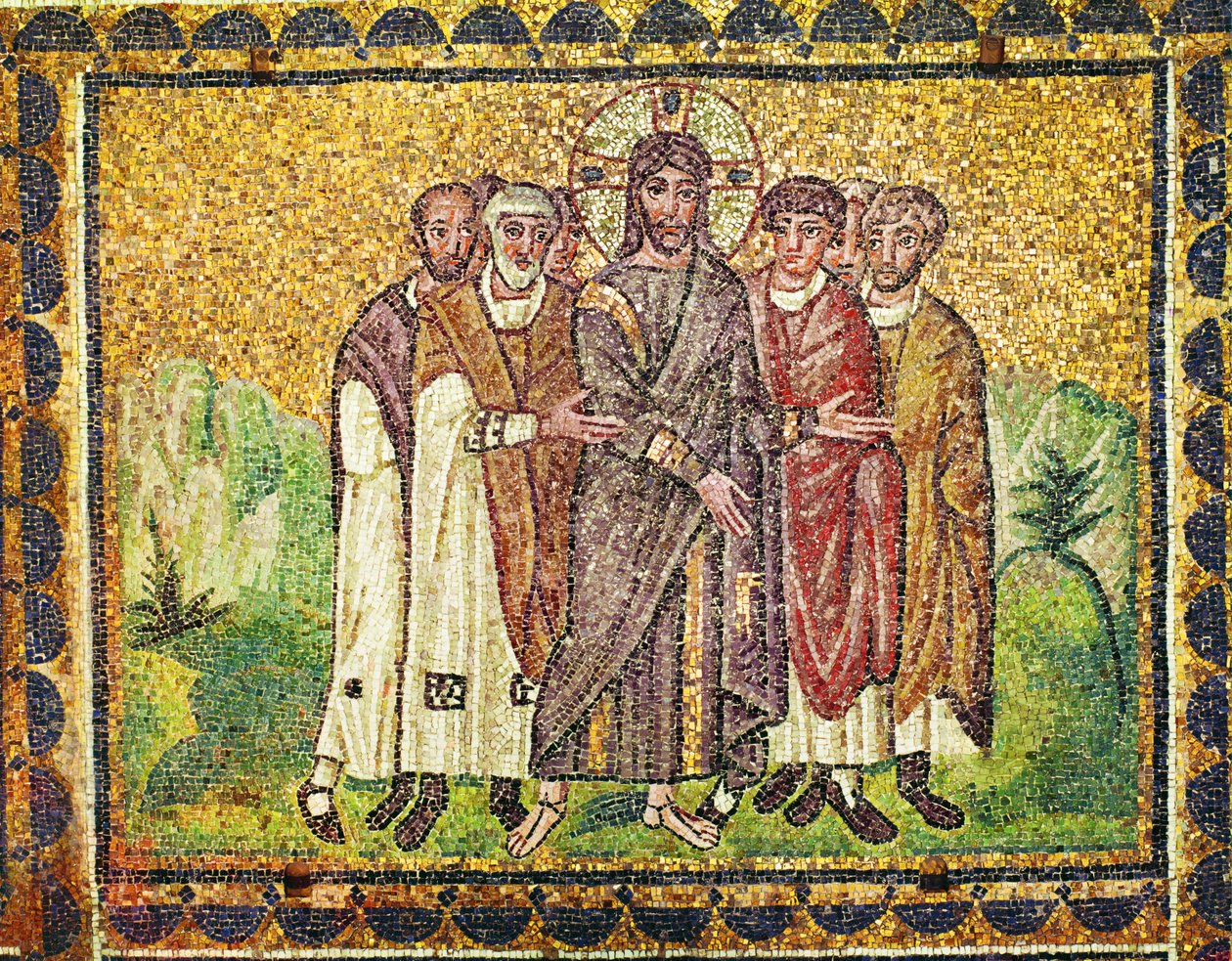 Jesus e os apóstolos, século VI (mosaico) de Byzantine School
