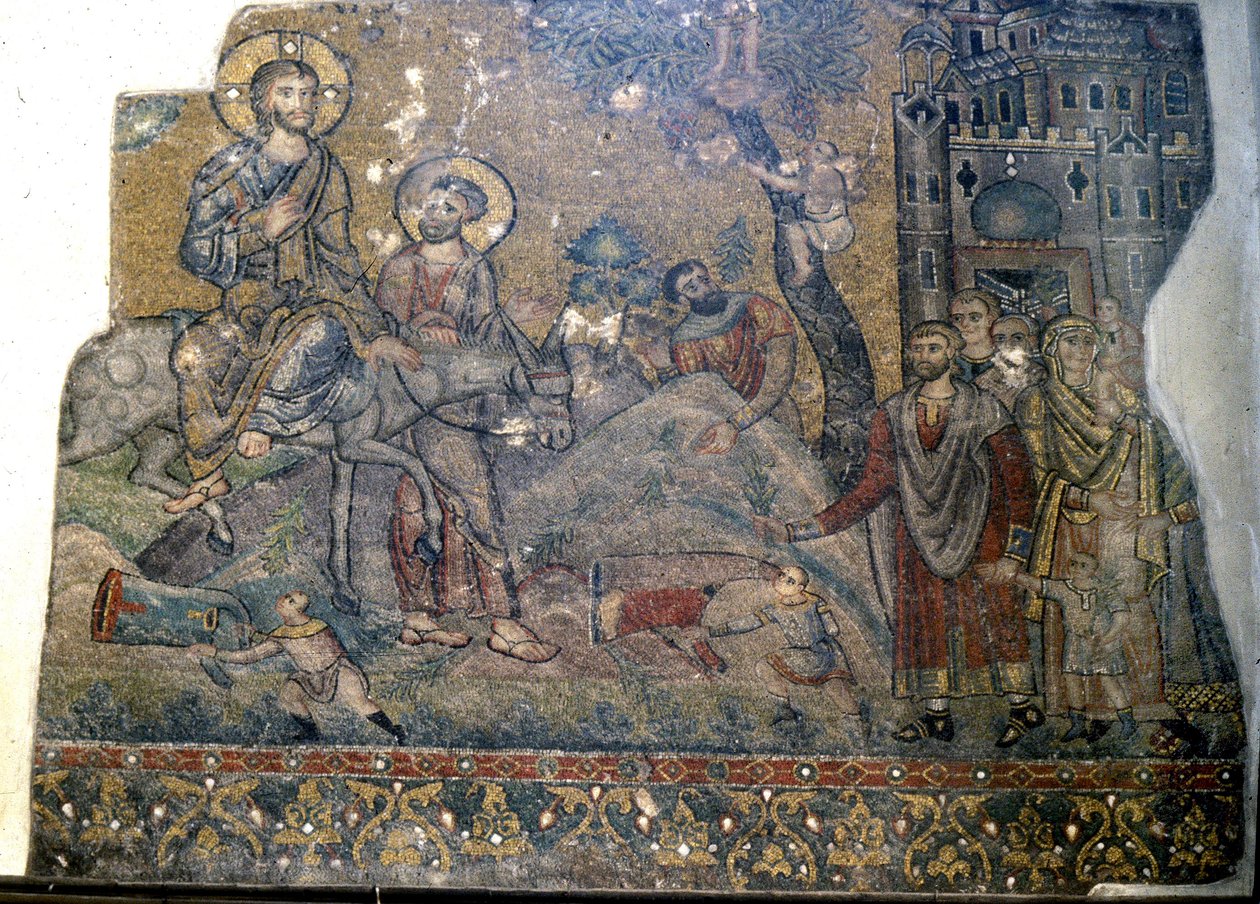 Entrada de Jesus em Jerusalém no Domingo de Ramos, Igreja da Natividade, Belém (mosaico) de Byzantine School