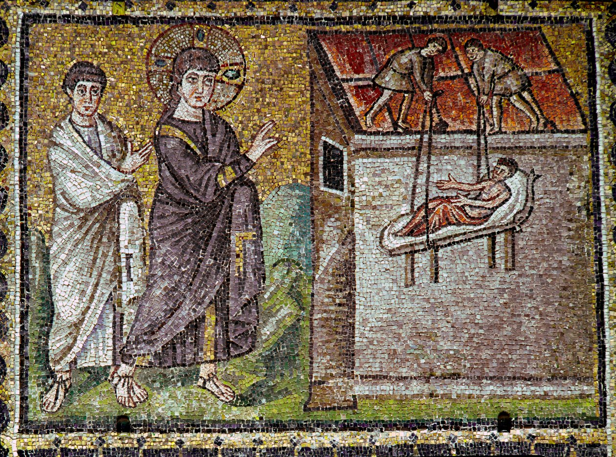 Jesus guerreou milagrosamente um paralítico no Mosaico de Capharnaeum do século VI. Basílica de São Apolinário, o Nove de Ravena (Sant