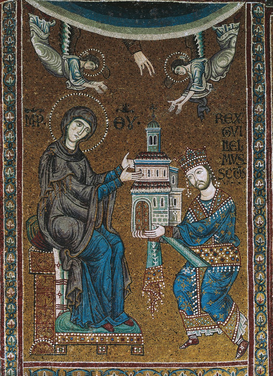 O Rei Guilherme II da Sicília oferece a Igreja de Monreale à Virgem (mosaico) de Byzantine School