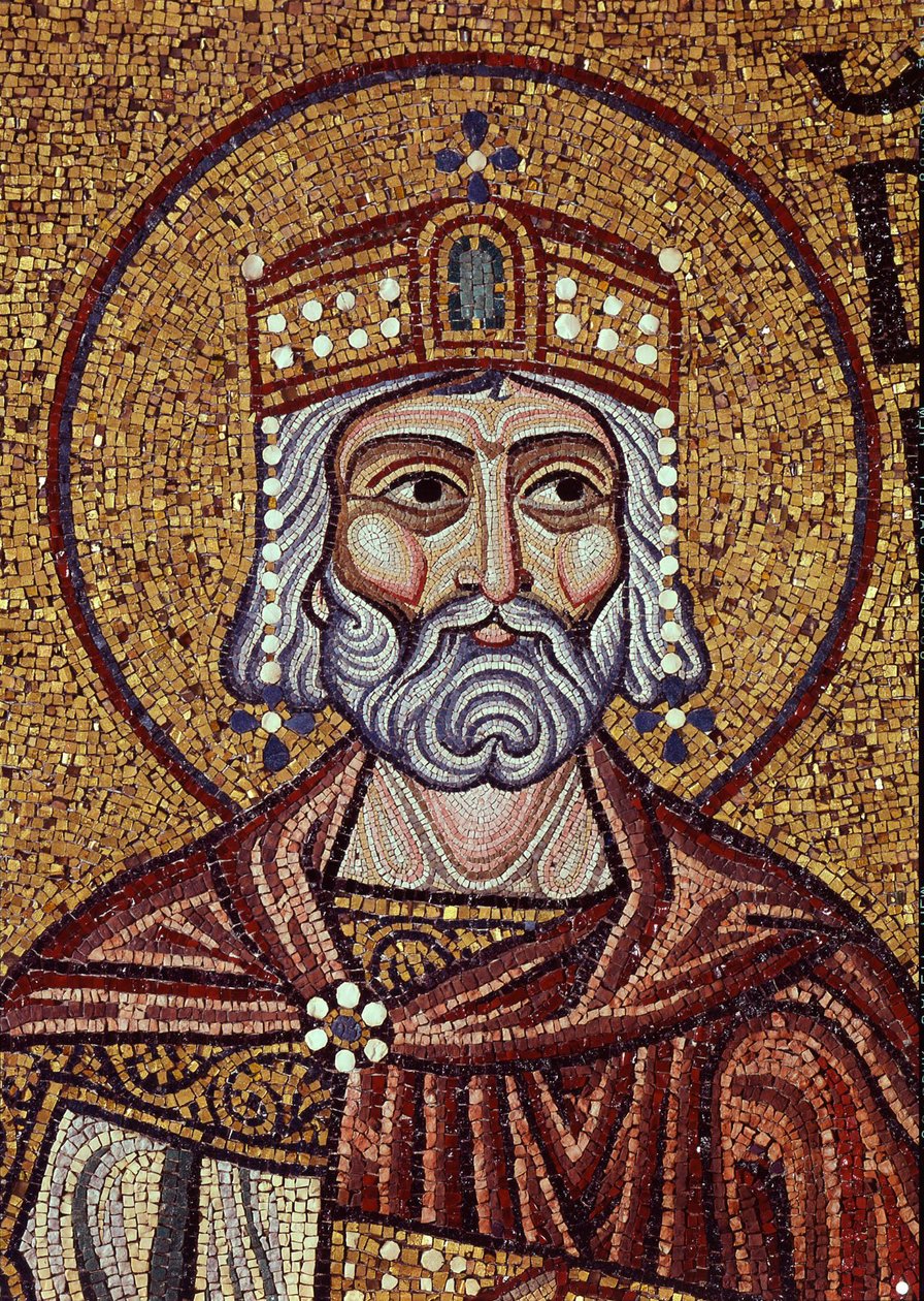 Rei David (século X a.C.). Trabalho de um mestre bizantino, mosaico, detalhe da decoração da Basílica de San Marco, Veneza (Itália). Arte bizantina, Idade Média. Basílica de São Marcos, Veneza. de Byzantine School