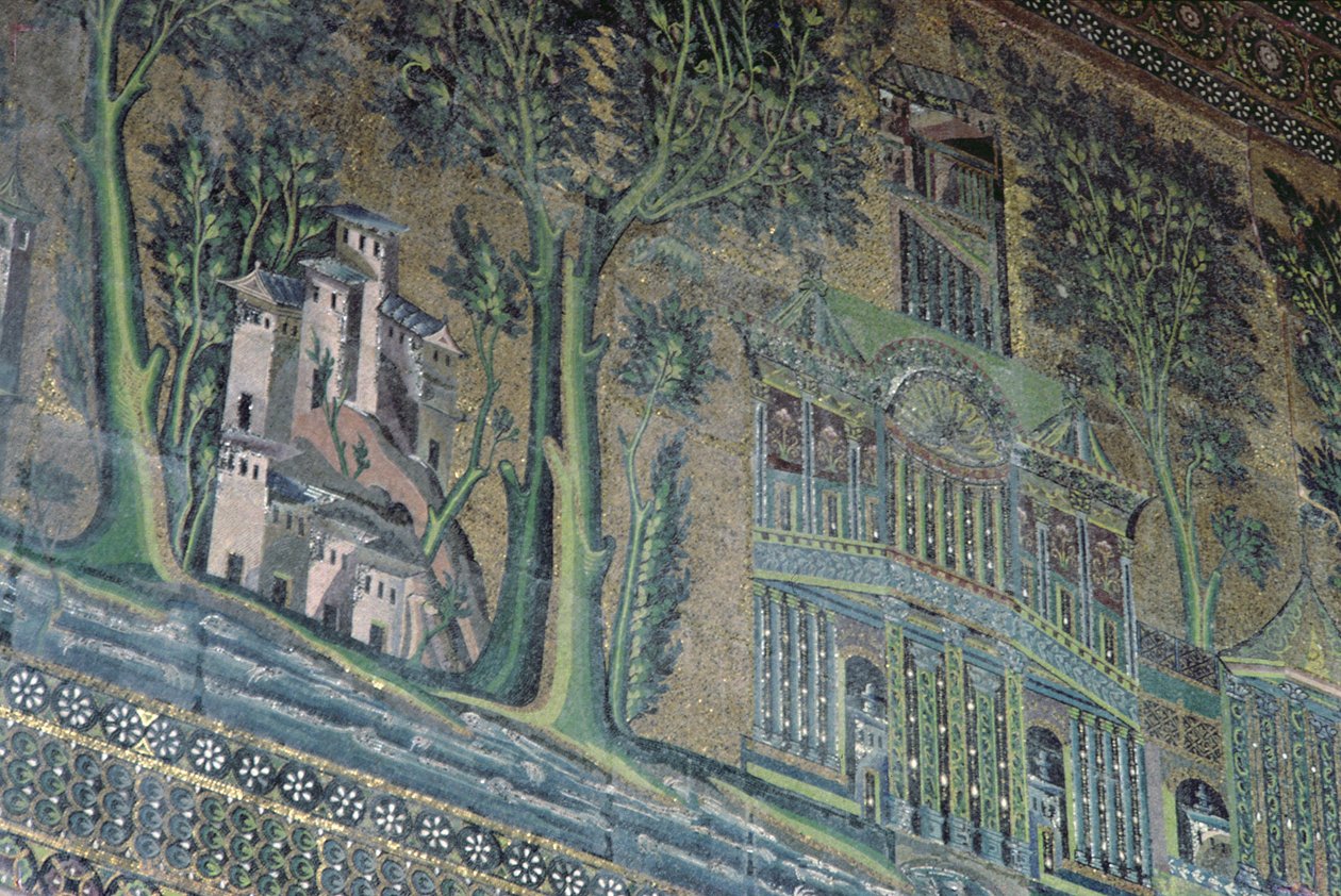 Mosaicos no pórtico ocidental, século VIII (mosaico) de Byzantine School