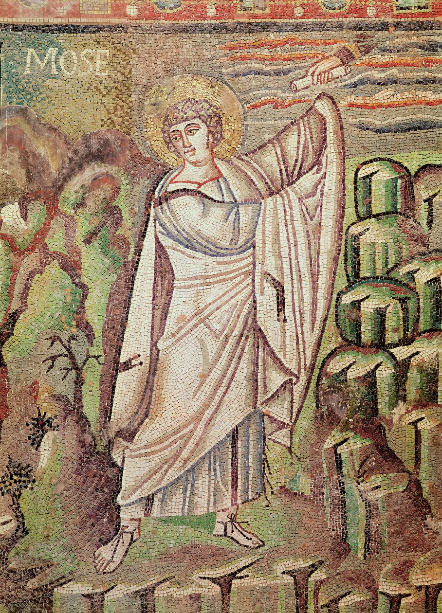 Moisés no Monte Sinai, figura acima da luneta representando a hospitalidade de Abraão e o sacrifício de Isaac, século VI (mosaico) (detalhe de 154709) de Byzantine School