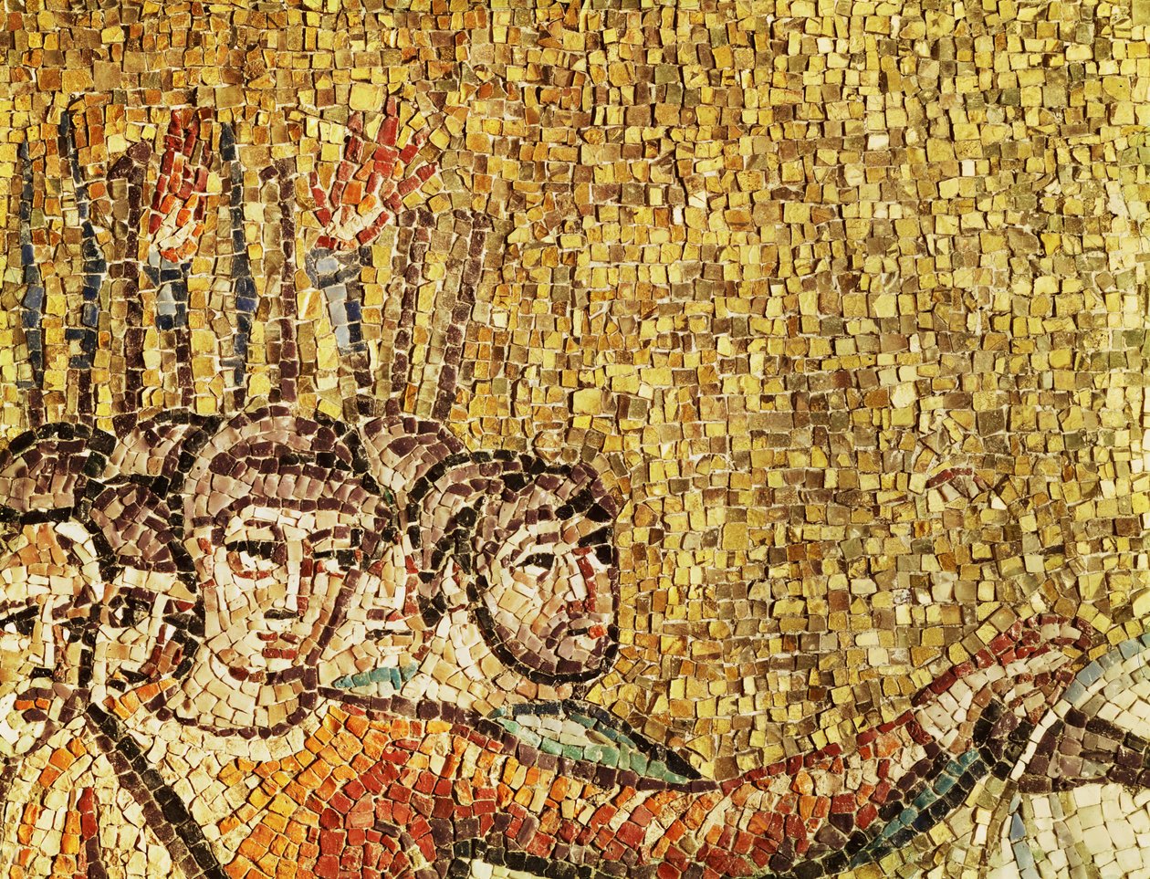 Soldados romanos com tochas, pormenor de "Jesus preso pelos soldados romanos", século VI (mosaico) de Byzantine School